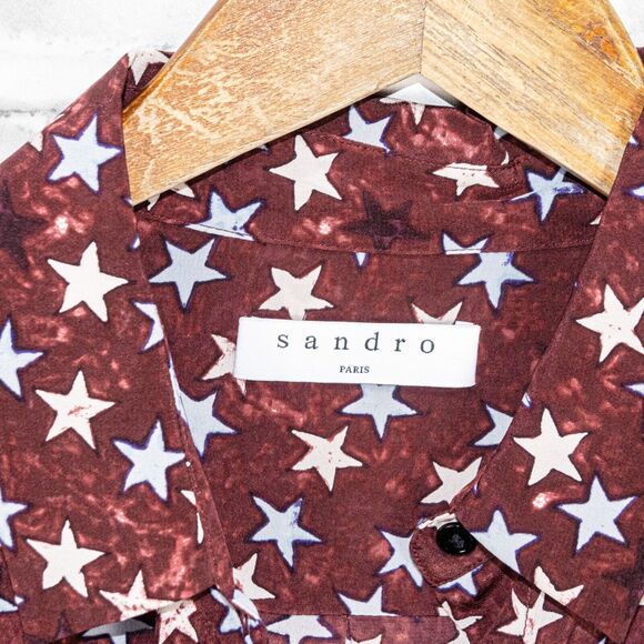Sandro Paris 100% Silk Button up Blouse Burgundy with stars print Women's S - Picture 2 of 9